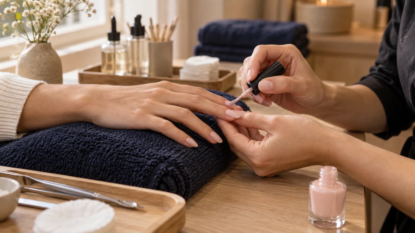 A blush manicure being applied, with only hands and forearms in view