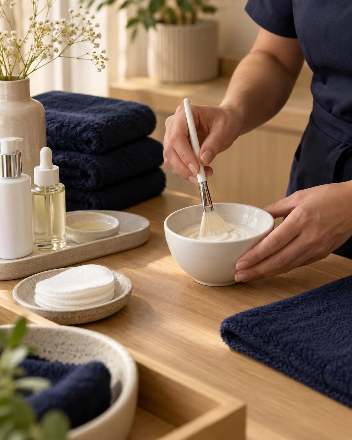 Hands preparing facial cream with a soft fan brush