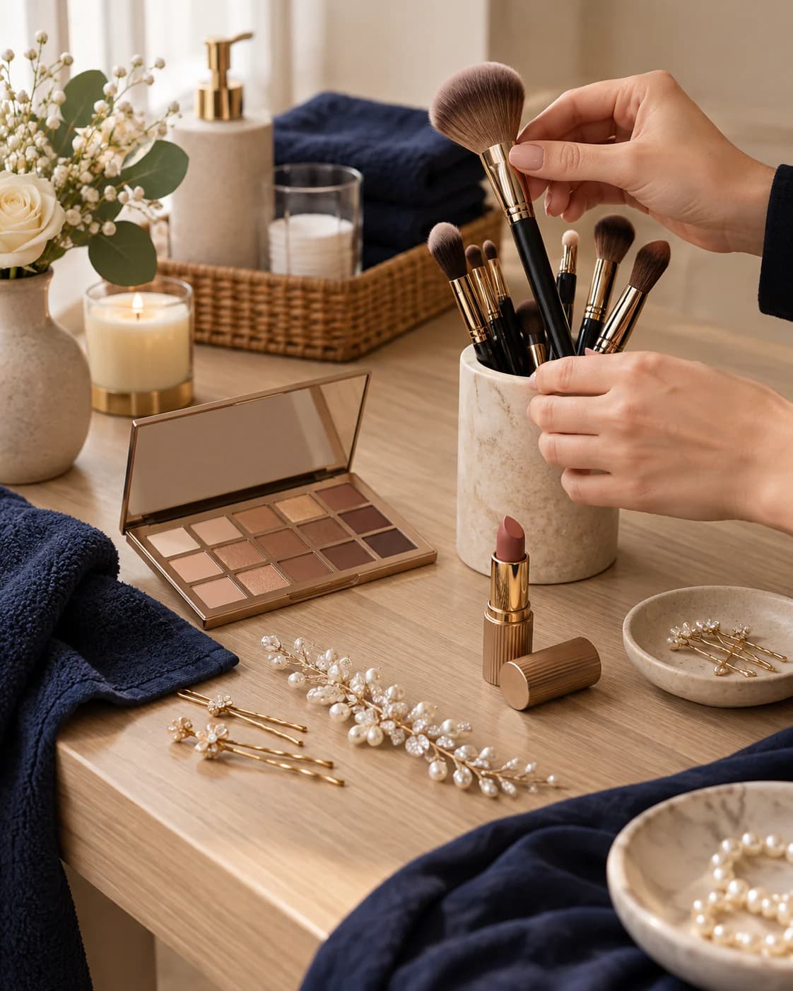 Makeup brushes, a palette and bridal accessories being prepared